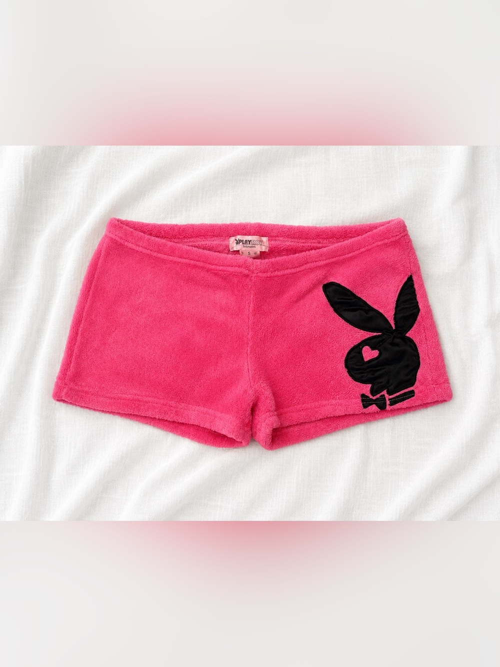 Y2K PLAYBOY Hot Pink Plush Shorts with Black Bunny Applique